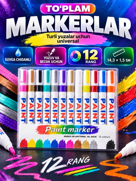 Marker-bo‘yoq, suvga chidamli, turli yuzalar uchun