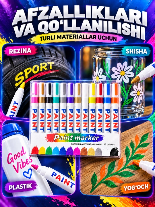 Marker-bo‘yoq, suvga chidamli, turli yuzalar uchun