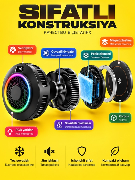 Smartfon uchun RGB yoritilgan magnitli o‘yin sovutgichi, PUBG uchun telefon sovutgichi