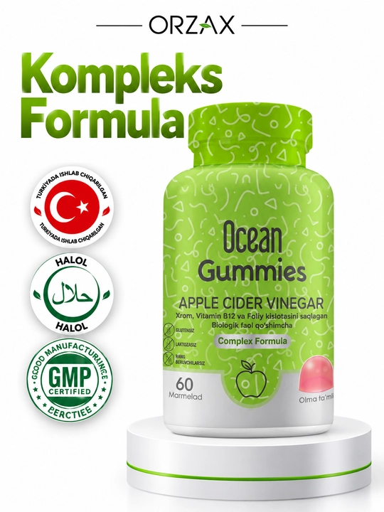 Ocean Gummies Apple Cider Vinegar — olma sirkasi, vazn nazorati uchun, №60, Halol