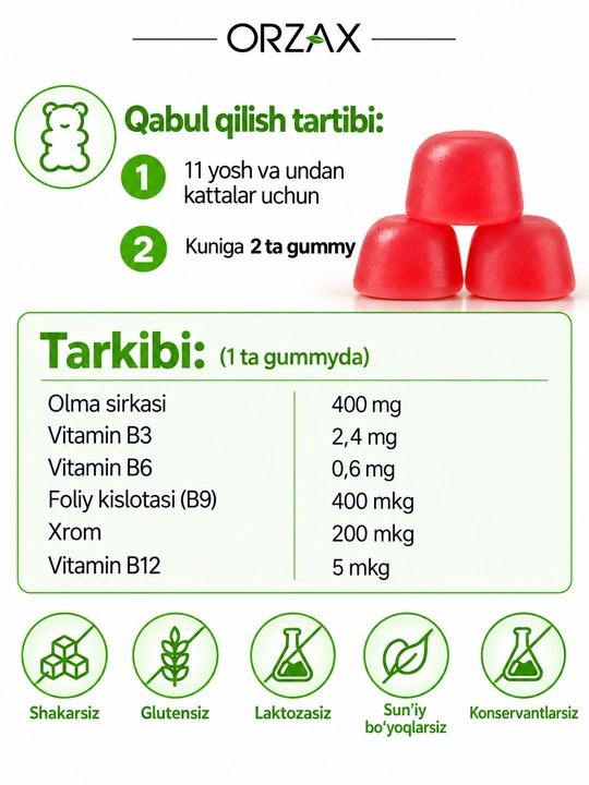 Ocean Gummies Apple Cider Vinegar — olma sirkasi, vazn nazorati uchun, №60, Halol