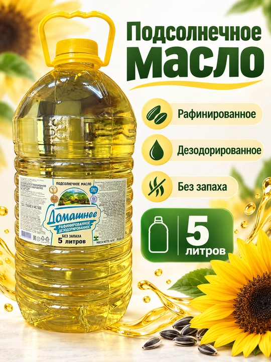 Масло подсолнечное «Домашнее», рафинированное дезодорированное, без запаха, 5 л - 