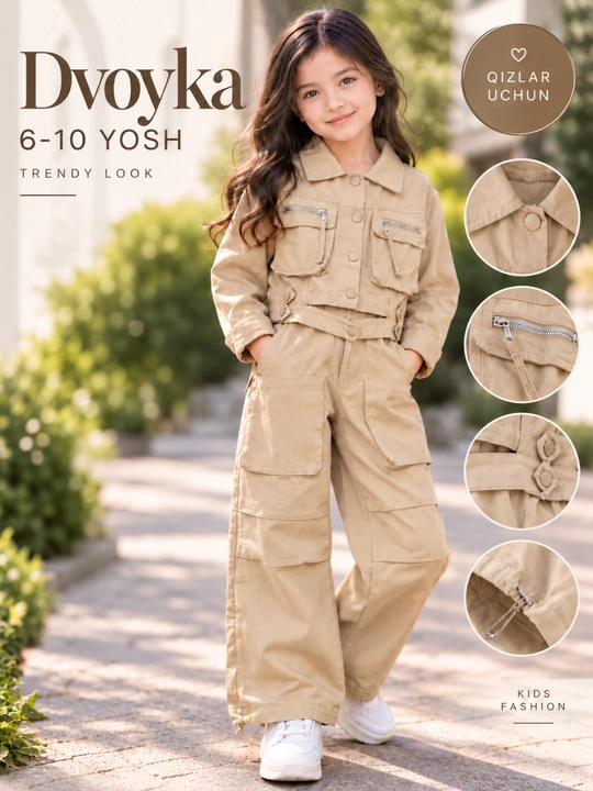Qizlar uchun dvoyka kostyum 6–10 yosh, zamonaviy jaket va cargo shim - 