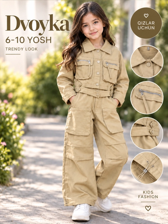 Qizlar uchun dvoyka kostyum 6–10 yosh, zamonaviy jaket va cargo shim - 