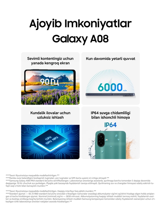 Samsung Galaxy A08 smartfoni, 4/128 GB, 6,7″ ekran, 6000 mA·soat, 50 MP kamera