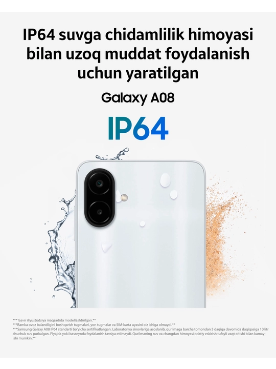 Samsung Galaxy A08 smartfoni, 4/128 GB, 6,7″ ekran, 6000 mA·soat, 50 MP kamera
