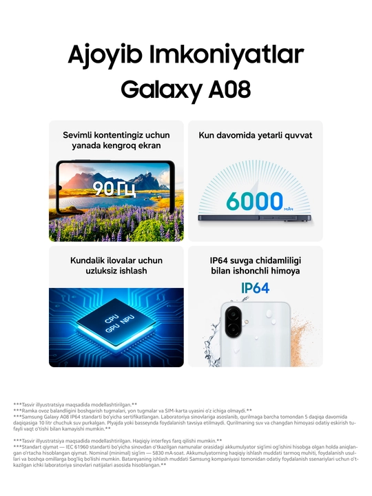 Samsung Galaxy A08 smartfoni, 4/128 GB, 6,7″ ekran, 6000 mA·soat, 50 MP kamera