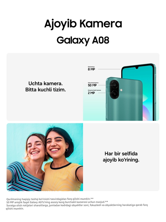 Samsung Galaxy A08 smartfoni, 4/128 GB, 6,7″ ekran, 6000 mA·soat, 50 MP kamera