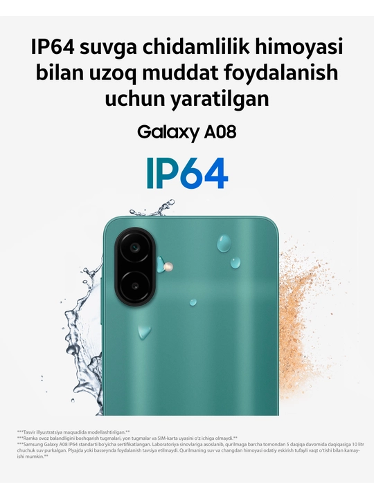 Samsung Galaxy A08 smartfoni, 4/128 GB, 6,7″ ekran, 6000 mA·soat, 50 MP kamera
