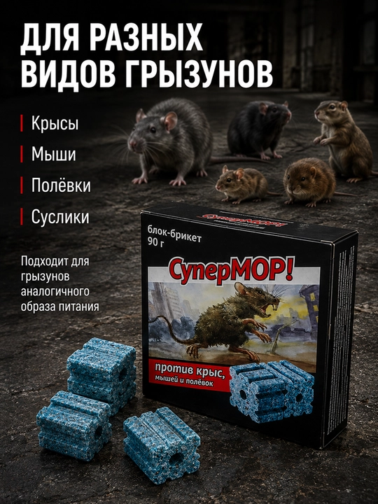 SuperMOR 90 g blok-briket, kalamush, sichqon va dala sichqonlariga qarshi vosita