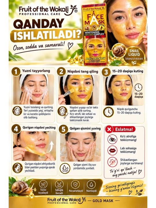 Terini tozalash va parvarish qilish uchun "Fruit of the Wokali Whitening Complex" oltin niqobi
