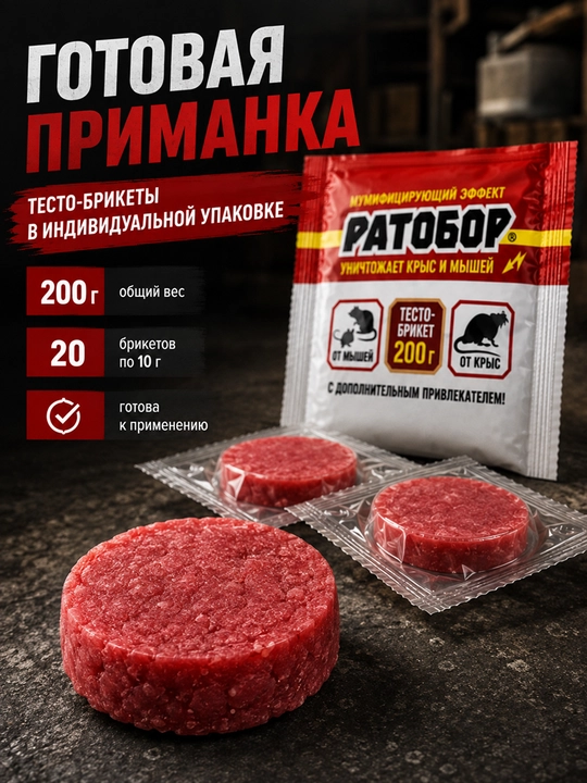 Ратобор Экстра готовая приманка от крыс и мышей 200 г, 20 тесто-брикетов
