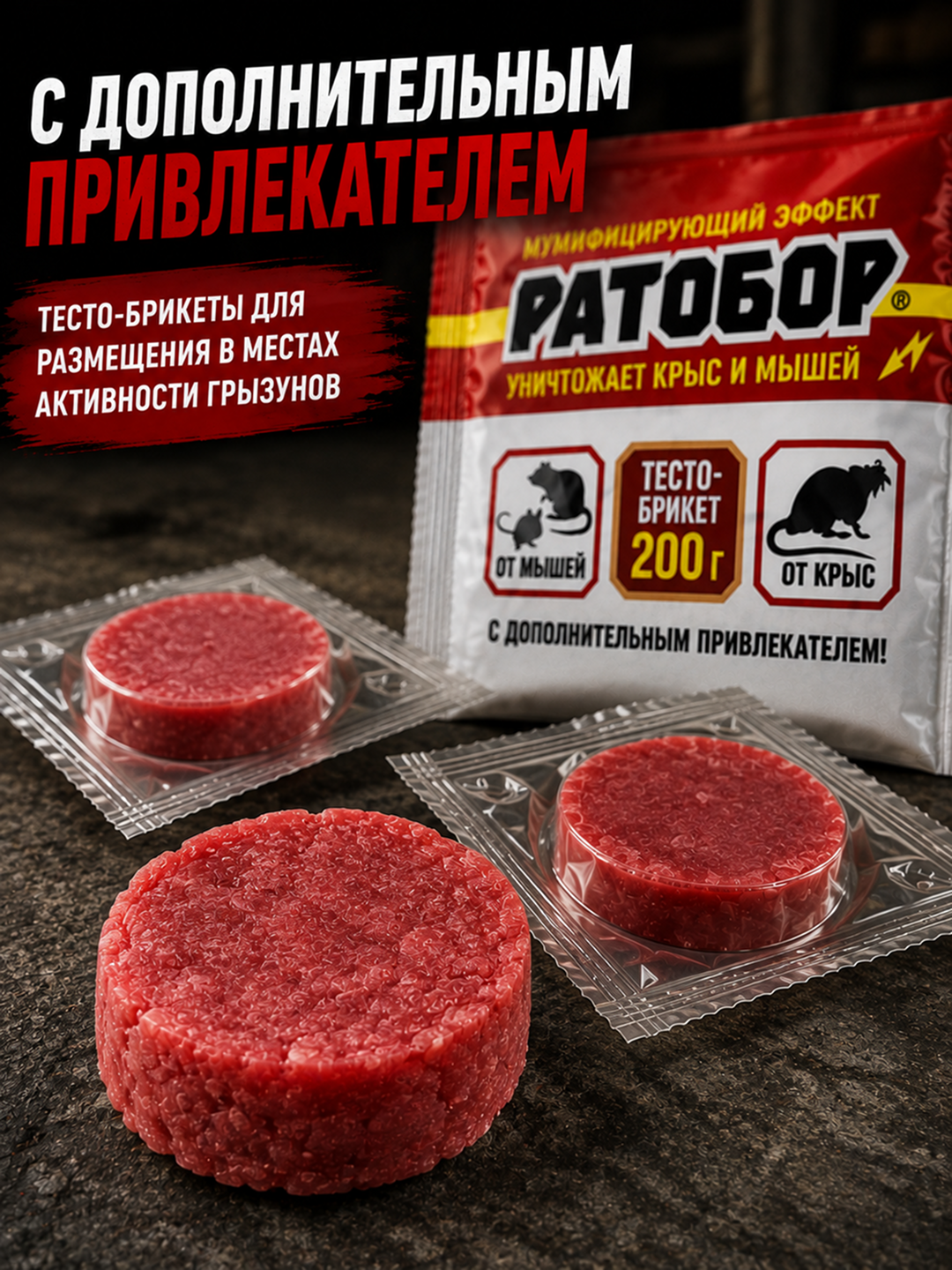 Ратобор Экстра готовая приманка от крыс и мышей 200 г, 20 тесто-брикетов