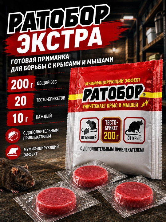 Ратобор Экстра готовая приманка от крыс и мышей 200 г, 20 тесто-брикетов