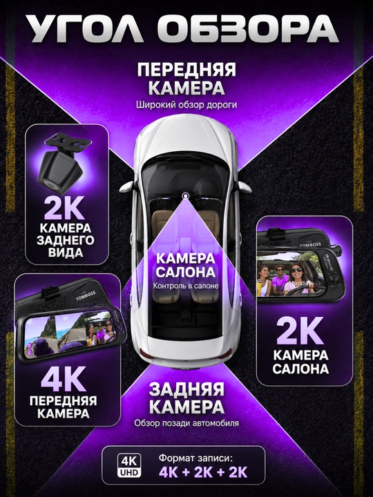 Автомобильный видеорегистратор TOMBOSS T16, зеркало с 3 камерами и 4K