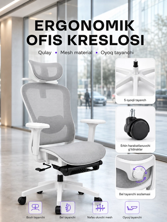 Ergonomik ofis kreslosi, mesh materialli, oyoq tayanchi bilan - 