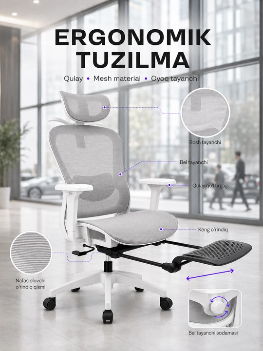 Ergonomik ofis kreslosi, mesh materialli, oyoq tayanchi bilan