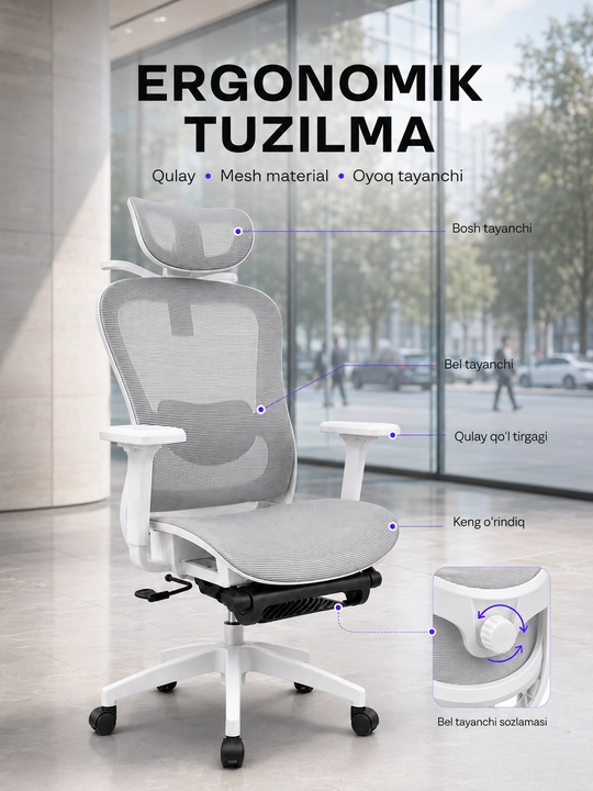 Ergonomik ofis kreslosi, mesh materialli, oyoq tayanchi bilan