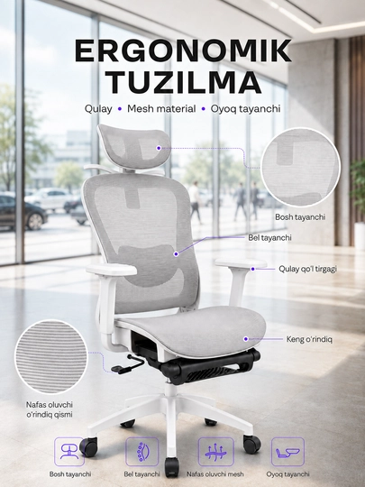 Ergonomik ofis kreslosi, mesh materialli, oyoq tayanchi bilan