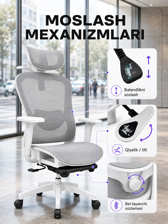 Ergonomik ofis kreslosi, mesh materialli, oyoq tayanchi bilan