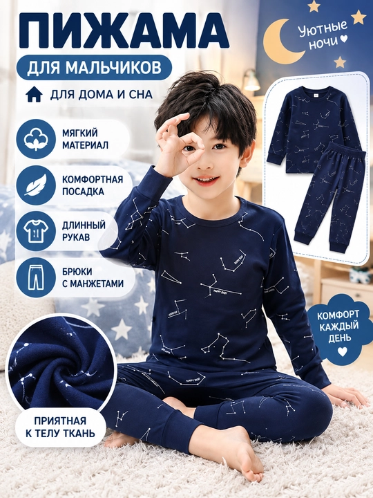 Детская пижама для мальчика, мягкий комплект с кофтой и брюками - 