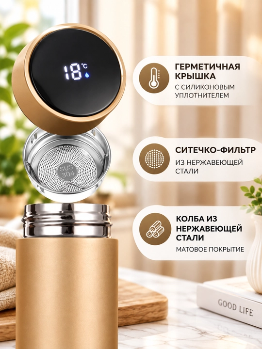 500 ml termos — LED displeyli, haroratni saqlovchi qulay termokrujka