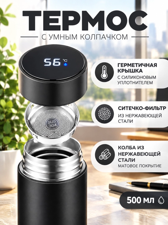 500 ml termos — LED displeyli, haroratni saqlovchi qulay termokrujka