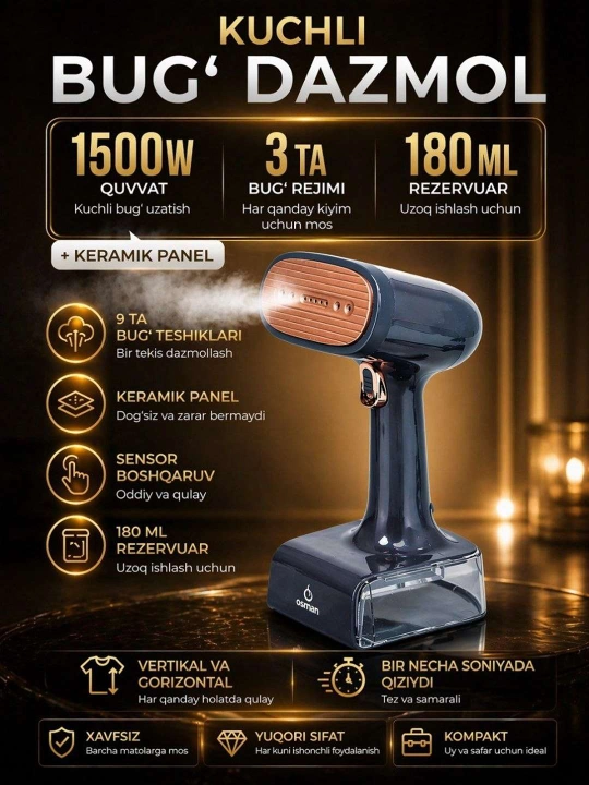 LED-displeyga ega kuchli va zamonaviy qo'l kiyim parlatgichi (dazmoli)