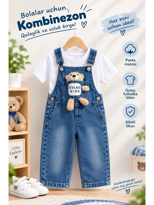 Bolalar kombinezoni, jinsi kombinezon, mayka bilan kombinezon, bolalar kiyimi, denim kiyim - 