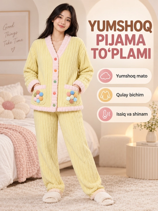 Yumshoq, qulay pijama komplekti — tugmali yoki naqshli - 