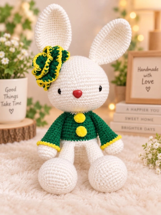 Qo‘lda to‘qilgan quyoncha Amigurumi, koton ipdan, quloqlari bilan 29 sm