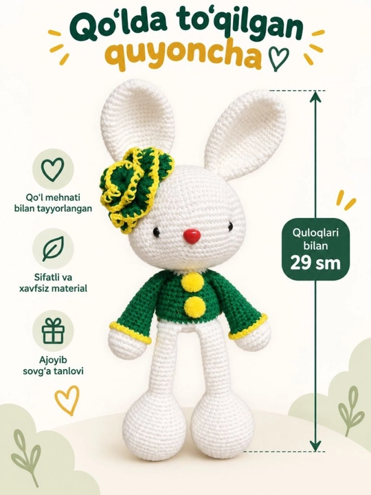 Qo‘lda to‘qilgan quyoncha Amigurumi, koton ipdan, quloqlari bilan 29 sm