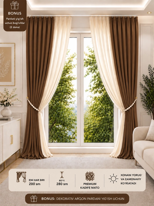 Premium karsajli parda 200×280 sm, dekorativ bog‘ich bonus - 