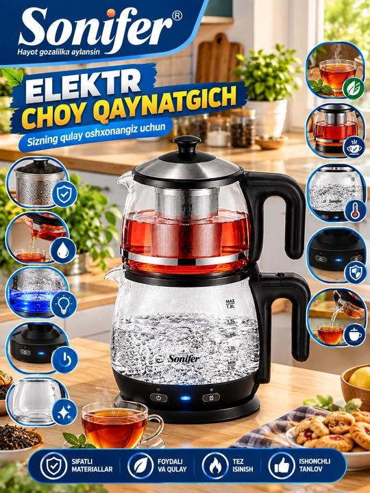 Sonifer Elektrlashgan Choy Qaynatgich va Damlama Choynak (2200W, Shisha korpus)