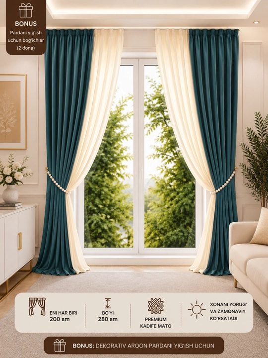 Premium karsajli parda 200×280 sm, dekorativ bog‘ich bonus - 