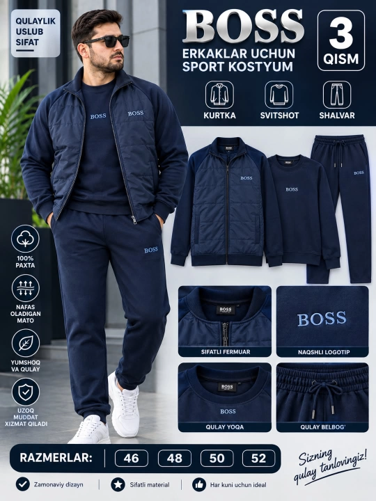 Erkaklar sport kostyumi-troyka, kurtka + svitshot + shim - 