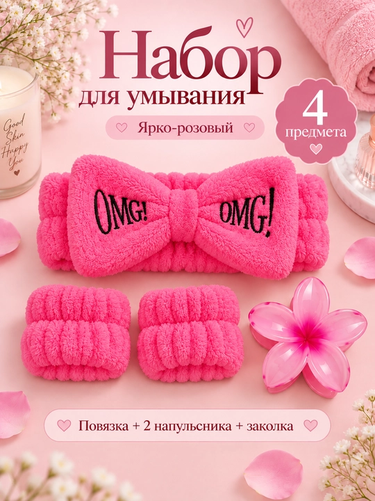 Набор для волос и умывания: повязка с бантом, 2 напульсника и заколка-цветок - 