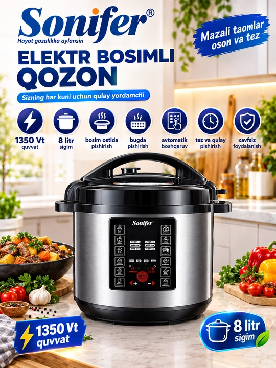 Sonifer Elektr Bosimli Qozon va Multivarka (1350 Vt, 8 litr)