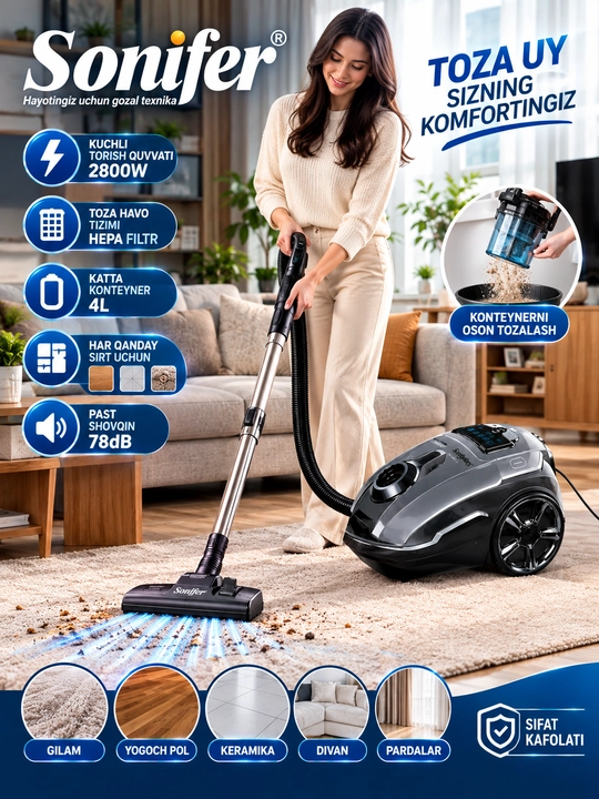 Sonifer Yuqori Quvvatli Changyutgich (2800W, 4L sig'im, elektron boshqaruvli)