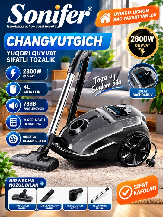 Sonifer Yuqori Quvvatli Changyutgich (2800W, 4L sig'im, elektron boshqaruvli) - 