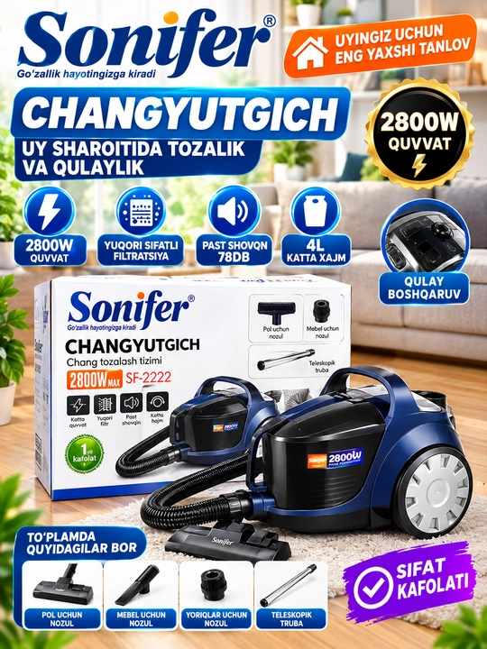 Sonifer SF-2222 Yuqori Quvvatli Changyutgich (2800W, 4L Sig'im, 1 Yil Kafolatli) - 