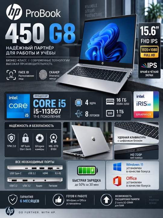 Ноутбук HP ProBook 450 G8, Core i5-1135G7, 16GB / 1 TB SSD, 15.6″ FHD IPS, Face ID, Skaner - 