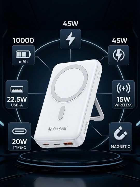 Power bank 10000 mAh, magnitli, 15W simsiz zaryad, 45W tezkor