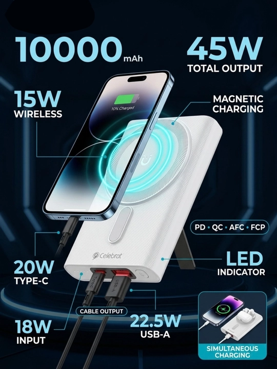 Power bank 10000 mAh, magnitli, 15W simsiz zaryad, 45W tezkor - 