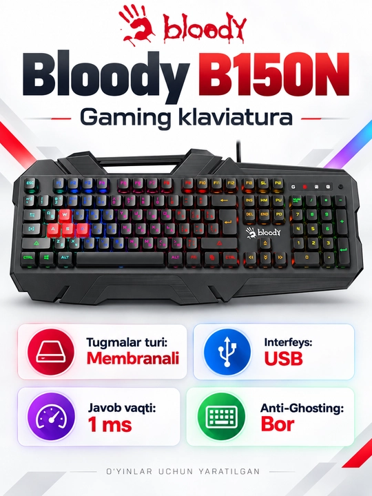 Bloody B150N — проводная мембранная игровая клавиатура, Neon-подсветка, Anti-Ghosting - 