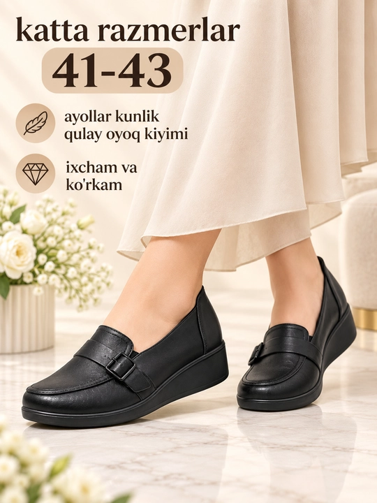 Ayollar oyoq kiyimi, qora, katta razmer 41–43, qulay platformali - 