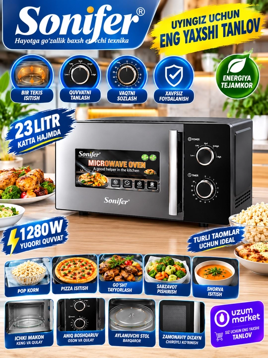 Sonifer 23L Mikrotolqinli Pech (1280W, Mexanik Boshqaruvli)