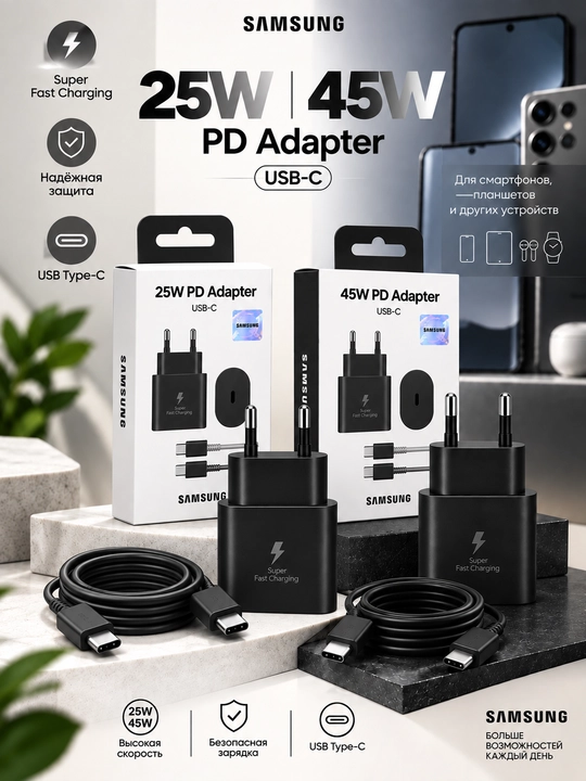 25W/45W PD USB-C tez zaryadlovchi, Type-C adapter, quvvatlagich, oq/qora - 