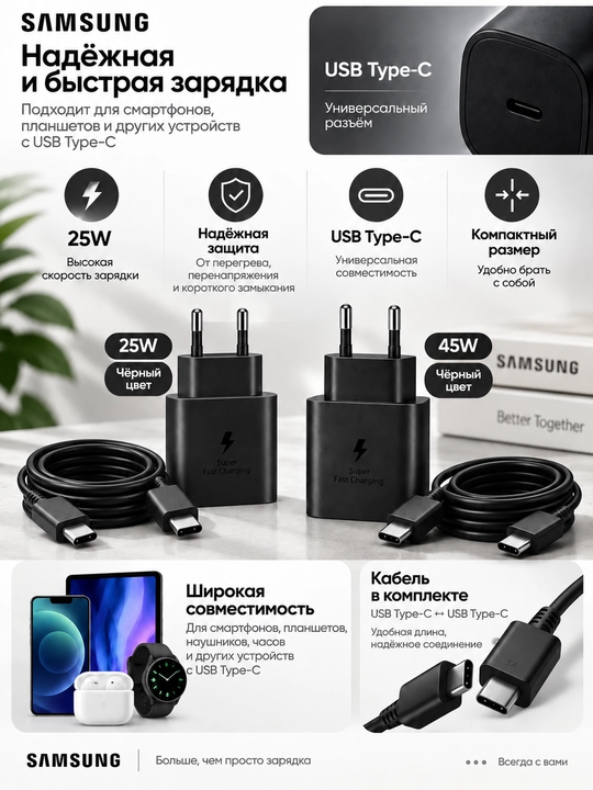 25W/45W PD USB-C tez zaryadlovchi, Type-C adapter, quvvatlagich, oq/qora