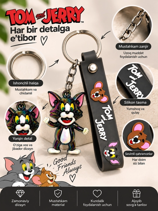 Kalitlar, sumka va ryukzak uchun tasmali va multqahramon figura tushirilgan silikon brelok